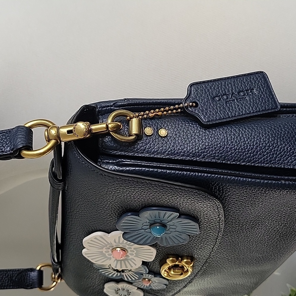 Navy Floral Appliqué Leather Shoulder Bag - Picture 6 of 15